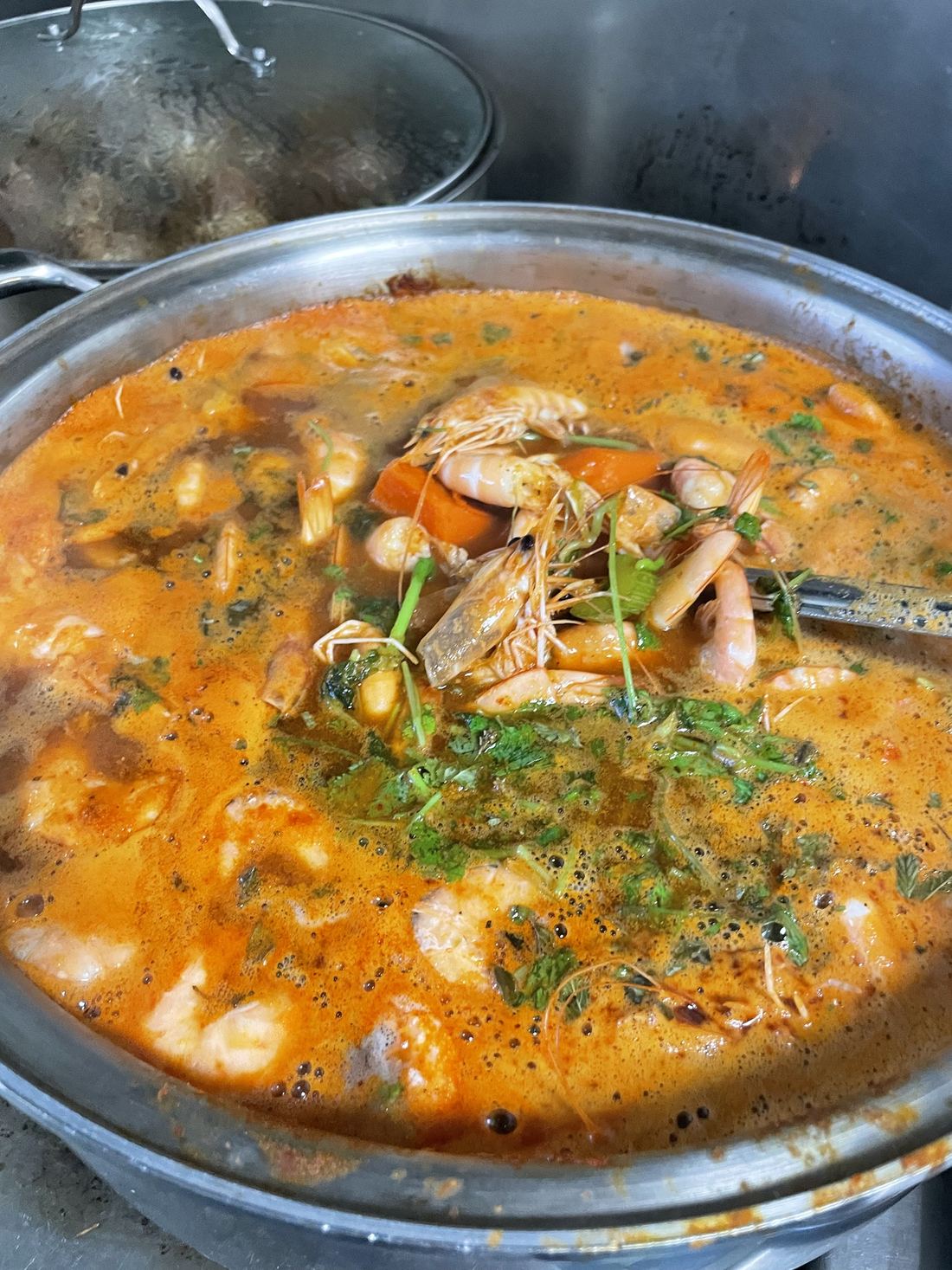 Pot of 7 mares seafood soup with shrimp