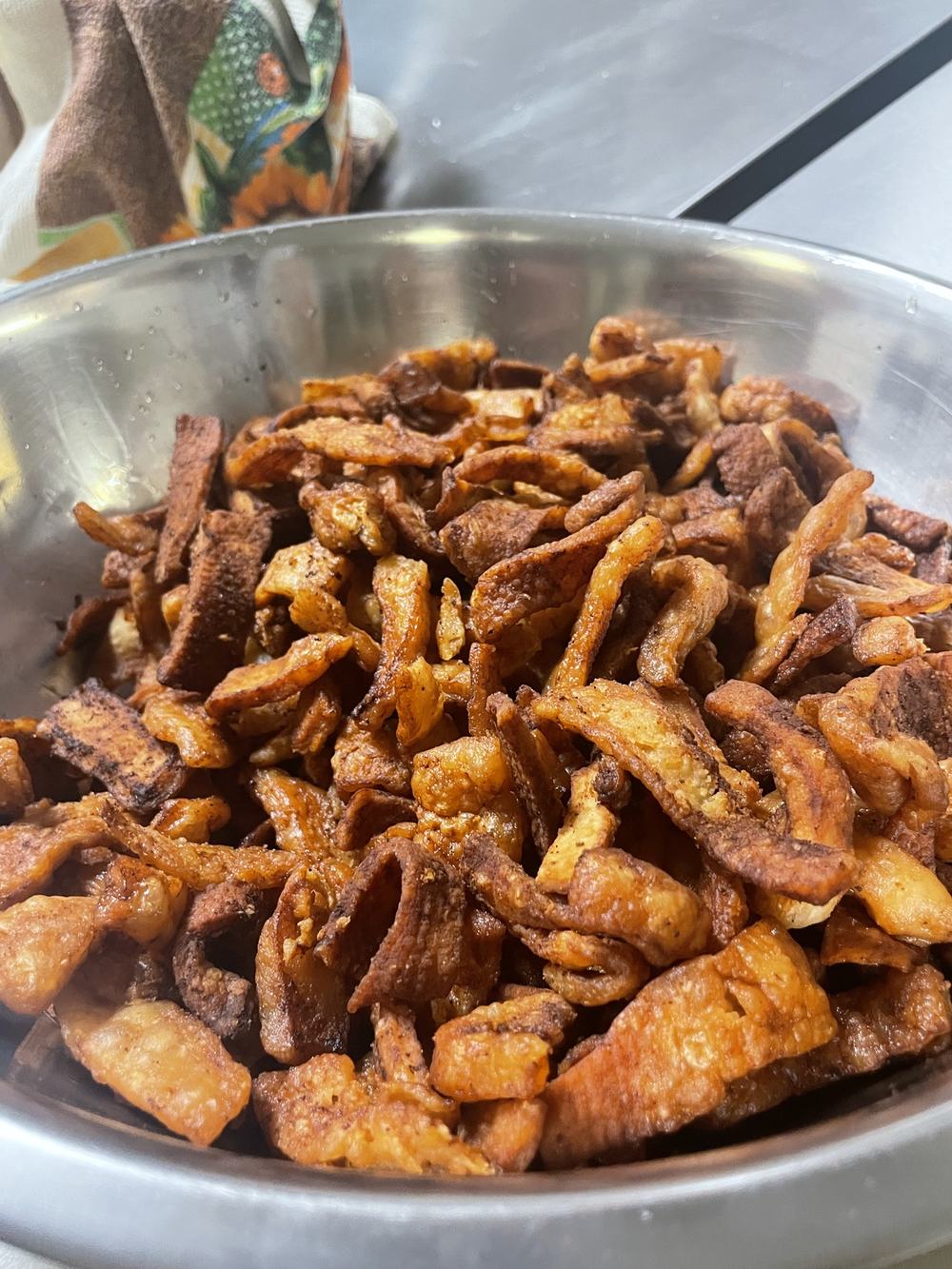 Bowl of fresh chicharrón