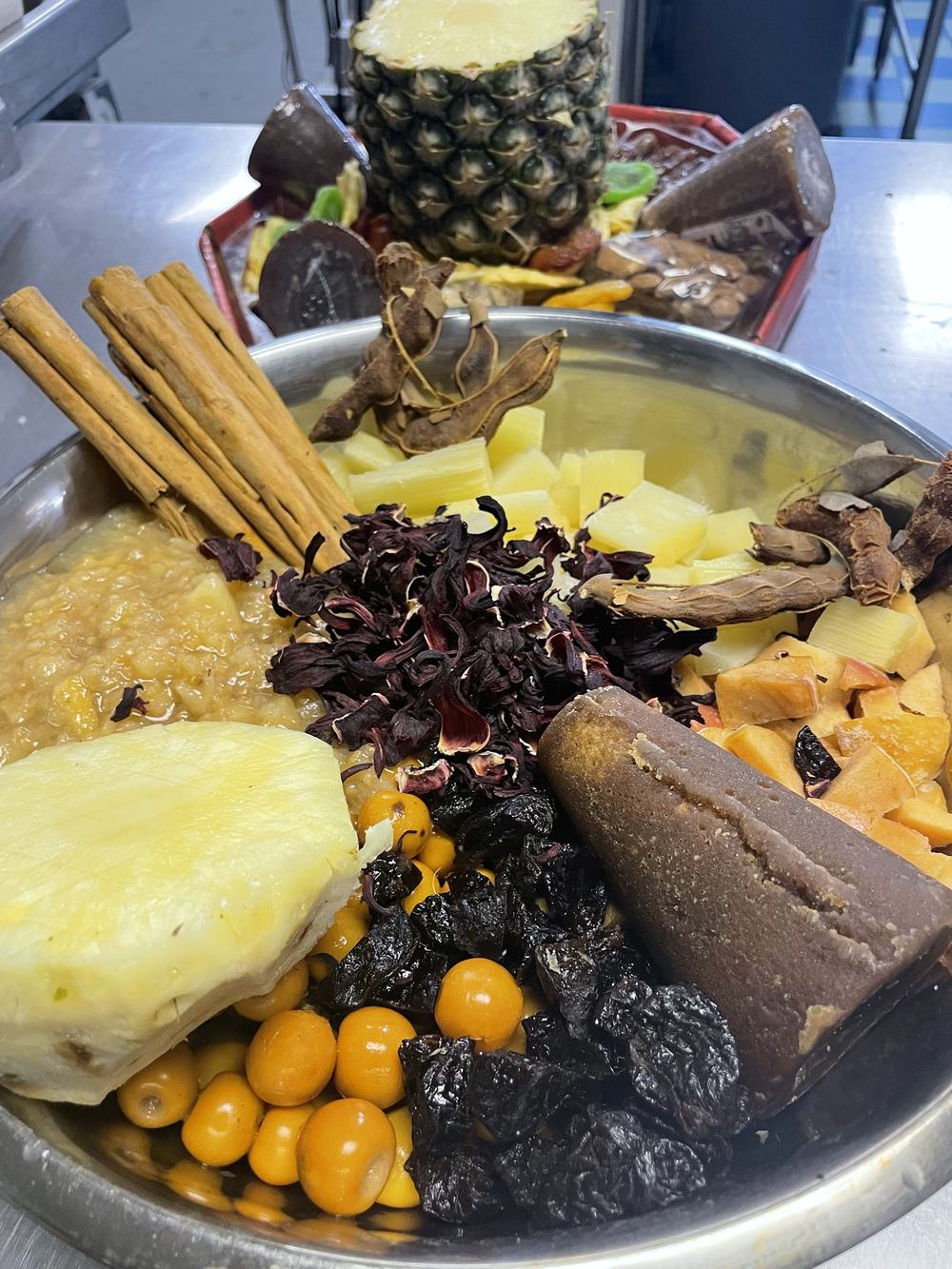 Pineapple, tejocotes, jamaica, piloncillo, cinnamon and tamarind